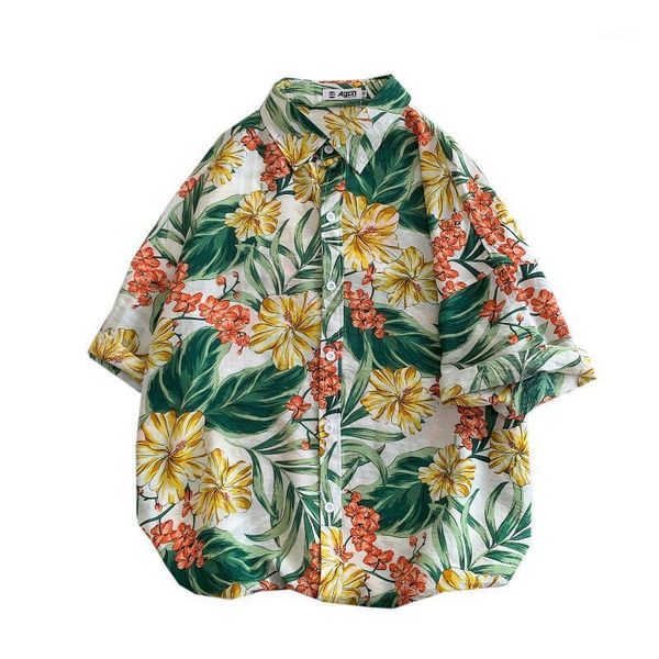 

men's fashion shirt short sleeve men's hawaiian shirt plant print short sleeve shirts for men1, White;black