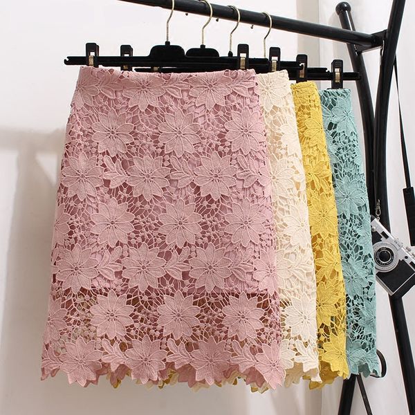 

2021 new fashion korean style sweet crochet hollow out embroidery lace summer pink high waist skirt bodycon short mini skirts women cidc, Black