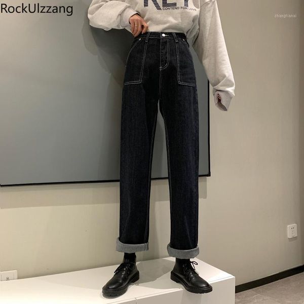 

streetwear high waist embroidery sewing striped fashion loose straight casual jeans black denim solid pant women mom boyfriend1, Blue
