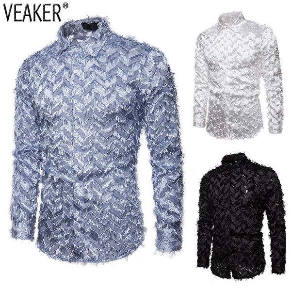 

2021 new men's floral mesh shirts male long sleeve solid color see through lace shirts nightclub party s-2xl, White;black