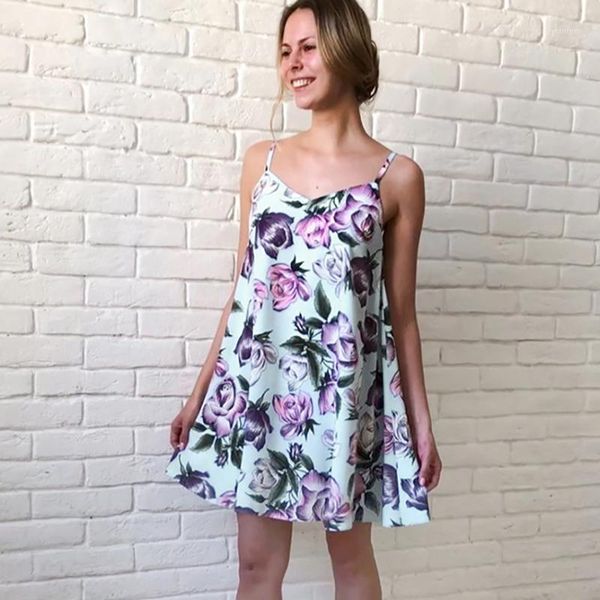 

women's sleepwear strap purple rose print nightgown sleeveless a-line night dress summer satin women dresses pattern nightwear 20211, Black;red