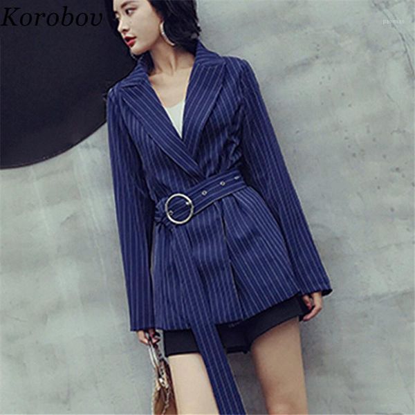 

korobov 2019 new arrival spring auttum slim casual korean blazer sashes lacing long sleeve blue striped female blazers 769391, White;black