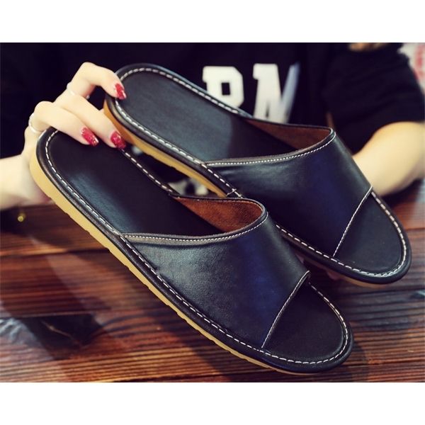 

leather slippers men and women couple home non-slip waterproof breathable scalp slippers summer home casual shoes y1120, Black