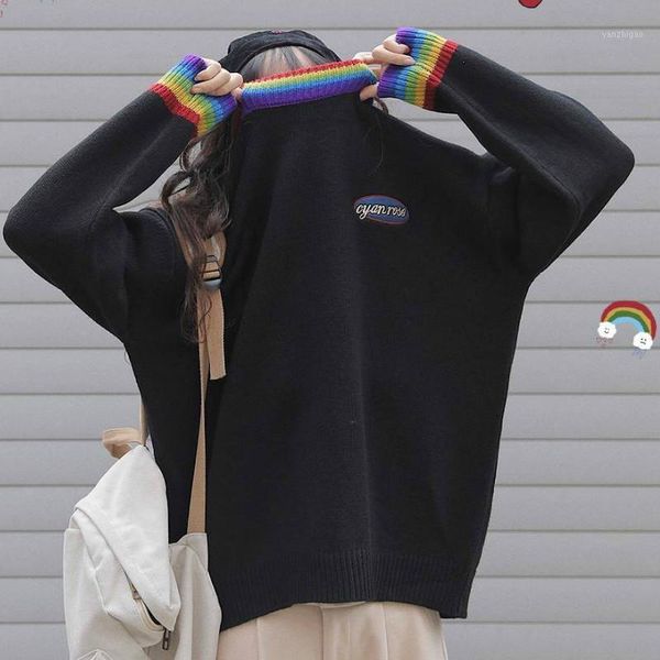 

korean rainbow sweater schoolgirl loose pullover round neck sweater harajuku girls knit warm winter women1, White;black