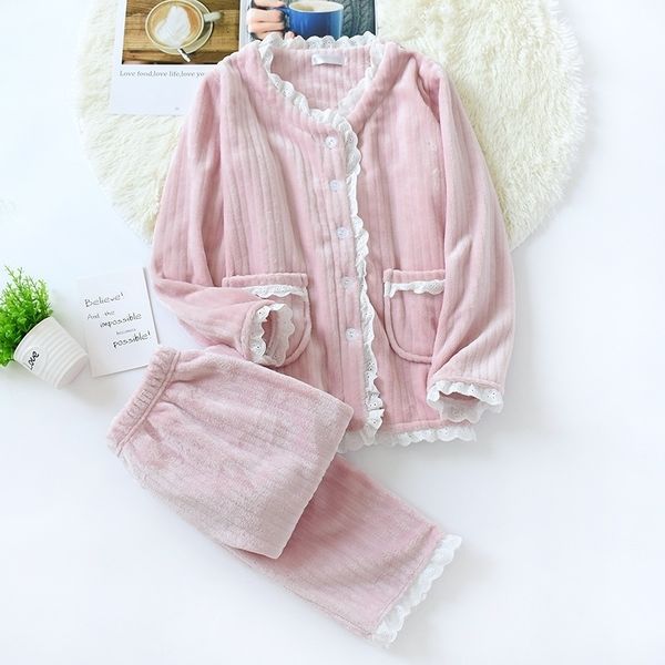 

july's song new fashion warm flannel pajamas set women winter autumn pajama lace pink sleepwear thick soft homewear for ladies 201114, Black;red