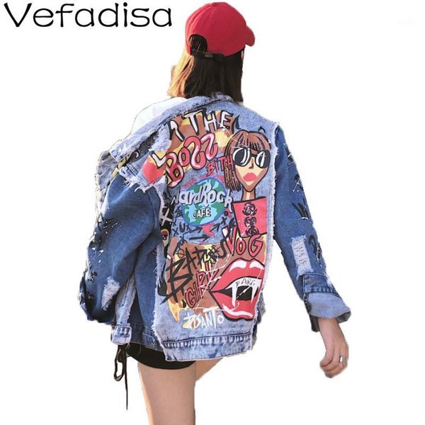 

vefadisa 2020 women autumn outerwear patchwork denim jacket single breasted blue denim coat turn-down collar print coat ad21281, Black;brown