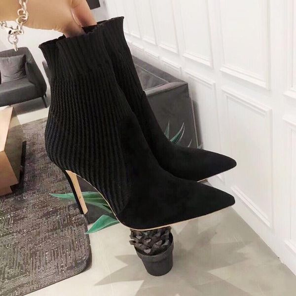 

fashion women boots black knitting point toe high heels ankle sock