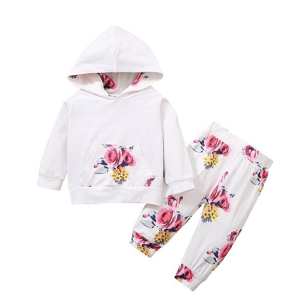 

floral print suit for newborn children autumn style hooded sweater casual suit kids girl's outdoor sports sets, White