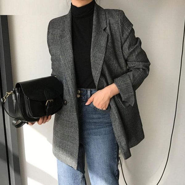 

women's suits & blazers hapedy 2021 autumn winter plaid double breasted pockets formal jackets notched outerwear office ladies, White;black