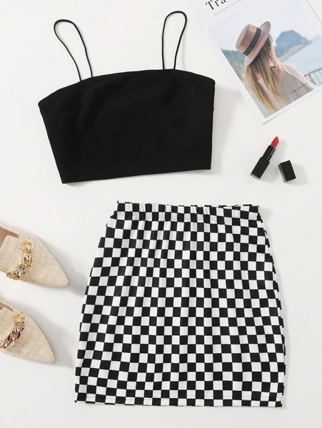

solid crop cami & checked print skirt g5tm#, White