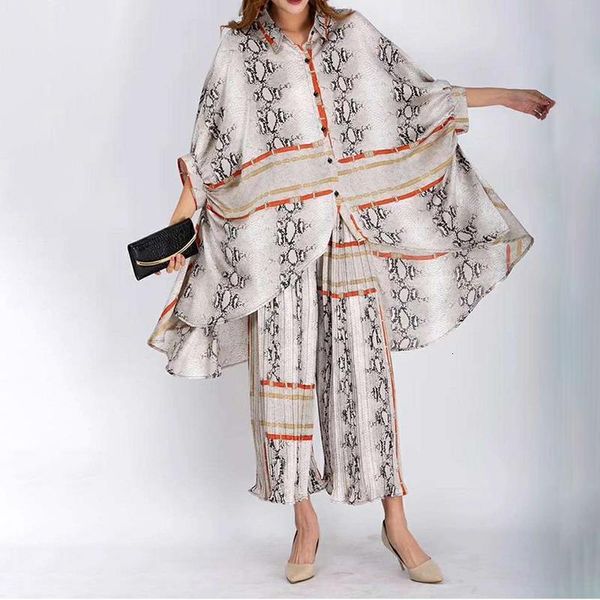 

ewq] 2020 spring summer lapel three quarter print patchwork two piece set women sinlge breasted shirt women large size 3aj91510, Gray