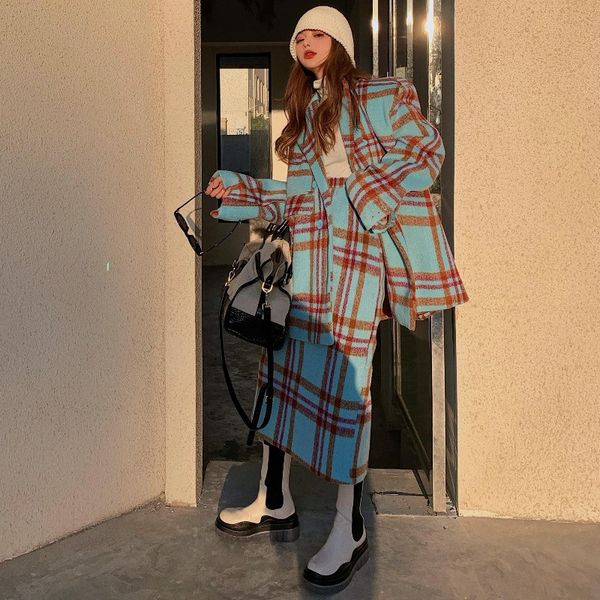

2021 women winter 2 piece suit new korean plaid wool jacket 8dn8, Gray
