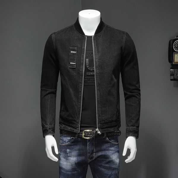 

autumn new baseball collar denim jacket mens heavy black washed cotton denim jacket cross-border foreign trade h0387-a, Black;brown