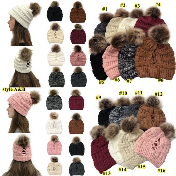 

girl beanies 16style criss women pom winter knitted hats outdoor ponytail beanie detachable pompom hat knit cross cap ee