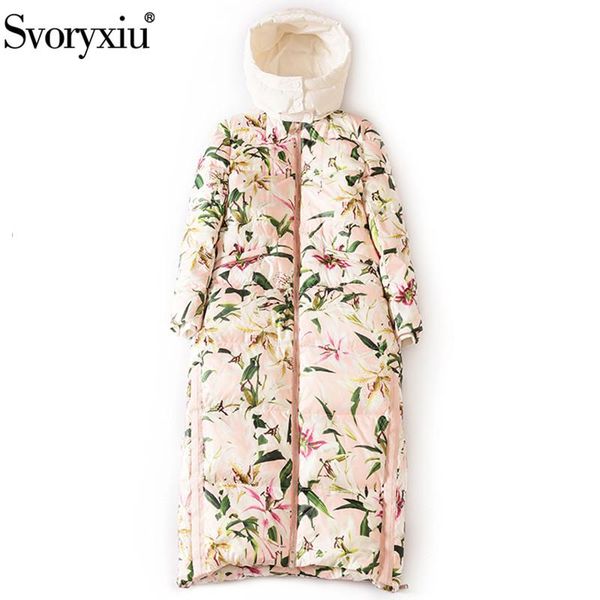 

women's down & parkas svoryxiu designer winter white duck jacket overcoat pink lily flower print high end long coat, Black