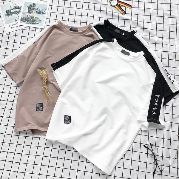 

new streetwear men korean version of japanese t-shirt cotton swag mens t shirts color matching hip hop t shirt men's tees, White;black