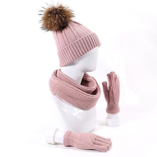 

hats, scarves & gloves sets winter knitted three-piece woolen hat scarf wool ball warmth high-quality solid color beanie, Blue;gray