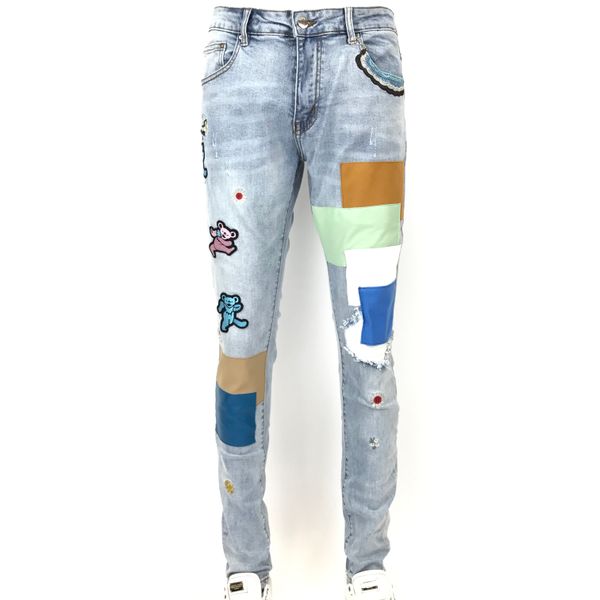 

new style men's and women's jeans slim locomotive denim fashion trendy hip-hop men's jeans am02, Blue