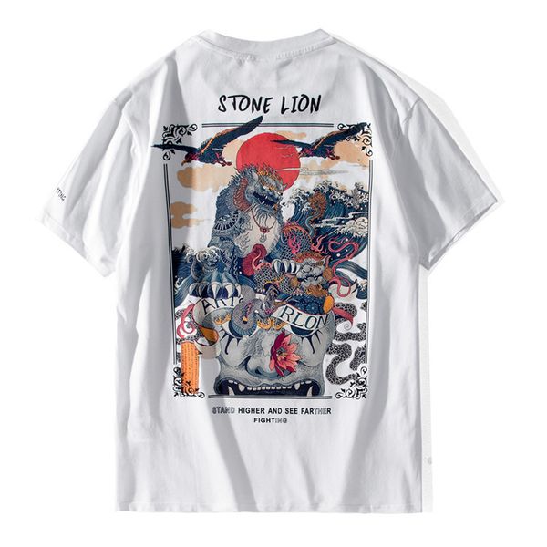 

2021 new 100% white cotton shirt chinese lion men printed designer will see short sleeve tshirt hiphop men's clothes j528, White;black