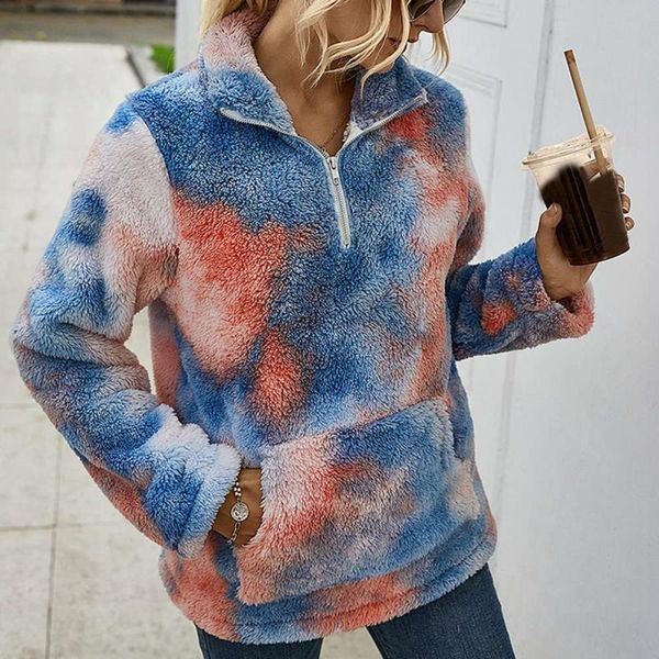 

streetwear sweatshirt warm faux women winter hoody thick fur fleece plush dye coats tie pockets hoodies oversize pullovers avidi, Black;white
