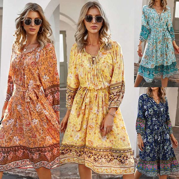 

holiday bohemian design print dress women's 7 / 4 sleeve a-line skirt, Black;gray