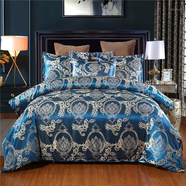 

luxury pillow case luxury bedding sets blue satin silk jacquard bedding set with1