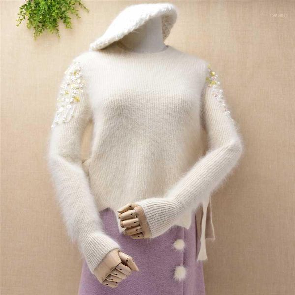 

korea pull female long sleeves beading side drawstring angora fur knitted mink cashmere sweater winter pullover women1, White;black