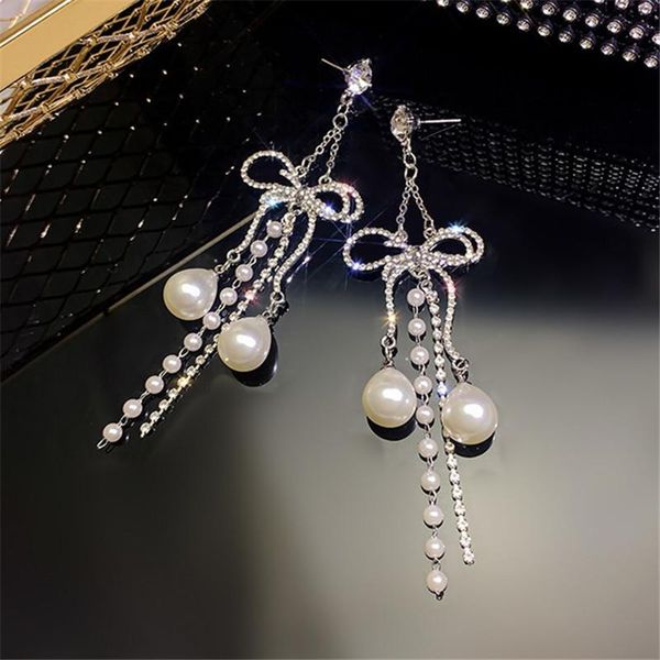 

dangle & chandelier fyuan beautiful bowknot rhinestones drop earrings for women long tassel pearl crystal weddings party jewelry gifts, Silver