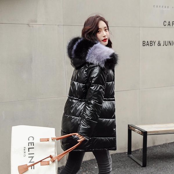 

2020 winter hooded jacket women shiny plus size women's long puffer coat slim with fur collar glossy cotton padded thick parkas1, Black