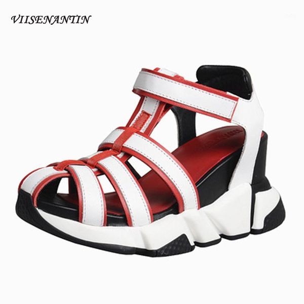

2020 new casual sports shoes cowhide color matching wedge heel platform inner heightening hollow cut out sandals1, Black