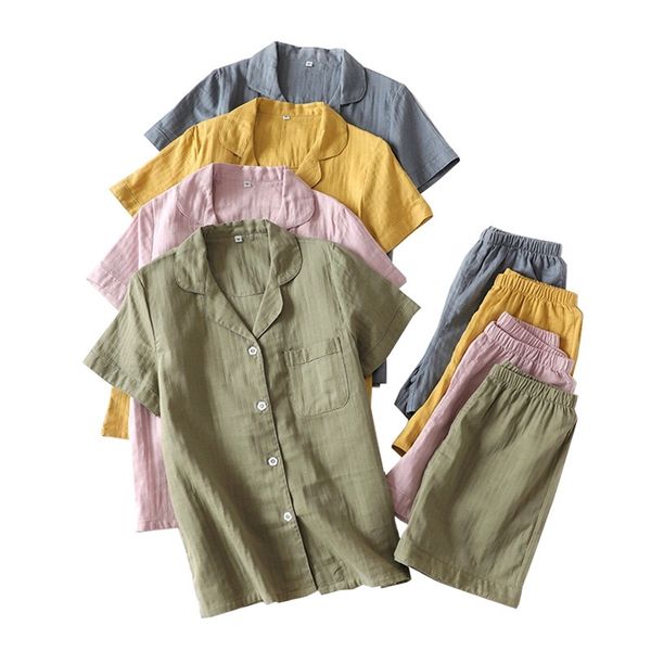 Amantes cor sólida estilo simples pijama conjunto conforto gaze algodão homens e mulheres sleepwear manga curta + calças verão fino homewar y200708