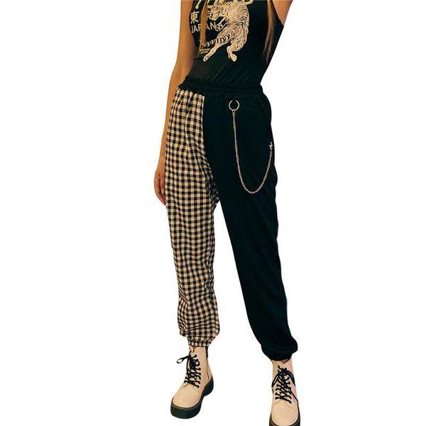 

women plaid patchwork cargo pants punk harajuku high waist loose baggy street hip hop sports casual trousers joggers sweatpants, Black;white