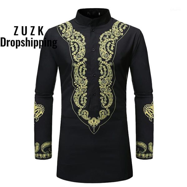 

men's national wind long-sleeved printed shirt, men's long paragraph middle east stlye slim fit shirt1, White;black