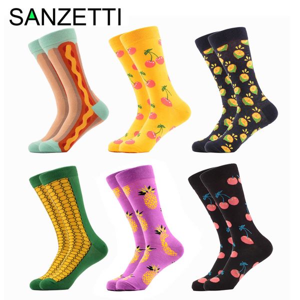 

sanzetti 6 pairs/lot casual socks men's happy combed cotton socks cherry fruit pattern comfortable fun party birthday gift socks sh1909, Black