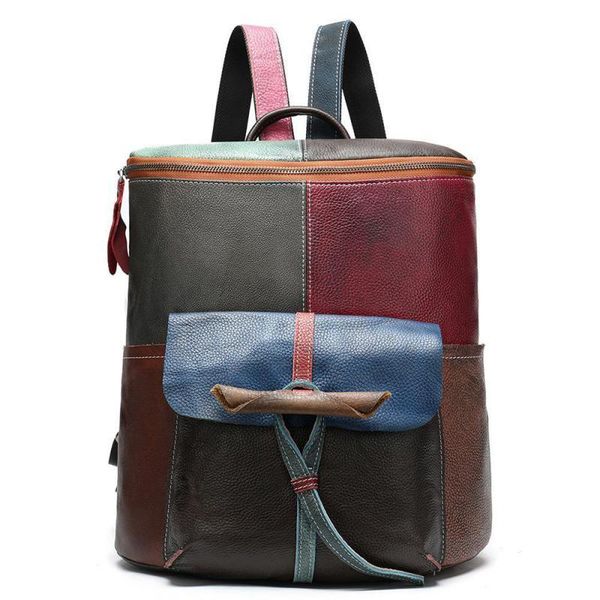 

johnature retro large capacity leather women travel backpack 2021 new casual cowhide lapbackpack (random color stitching)