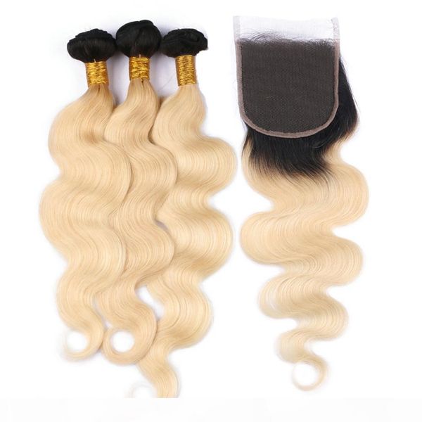 

ombre blonde indian human hair 3bundles with closure body wave #1b 613 blonde ombre human hair weave bundles with 4x4 front lace closure, Black;brown