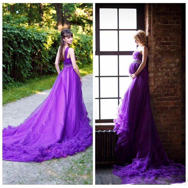 

chic a-line tulle one shoulder wedding dress crystals beading court train purple wedding dress robes de mariée maternity wedding dresses, White