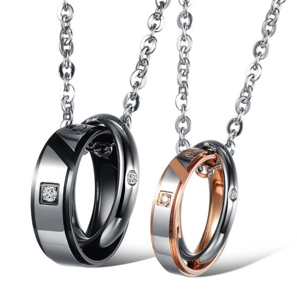 

pendant necklaces stainless steel couple necklace with spliced buckling circles for loves women jewelry, Silver