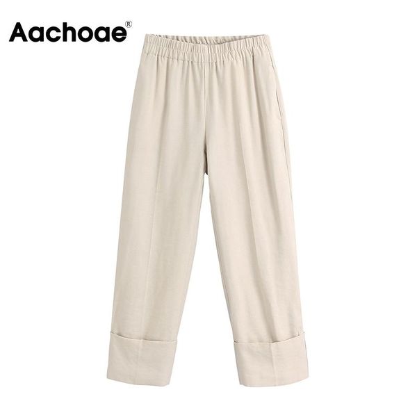 

aachoae fashion women casual long pants 2020 solid high waist pleated wide leg pants office wear pockets ladies cuff trousers, Black;white