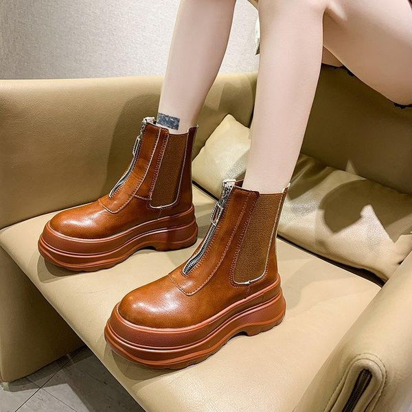 

boots platform ankle women shoes 2021 chunky short thick sole motorcycle punk botas para mujer, Black