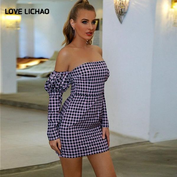

purple plaid strapless dress new 2021 spring fashion puff sleeve slash neck dress office lady short women, Black;gray