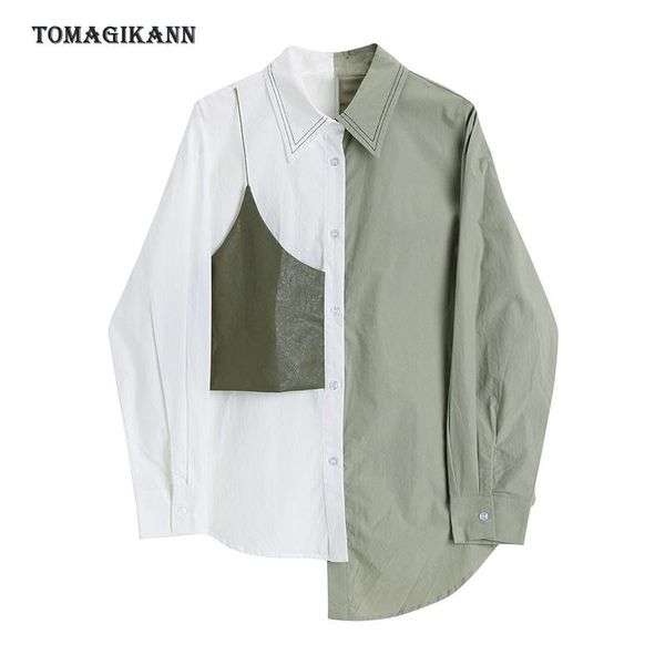 

patchwork elegant women shirt 2020 fashion turn down long sleeve casual loose designer streetwear contrast colors women blouse, White