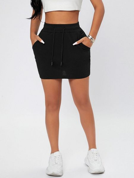 

petite drawstring waist slant pocket bodycon skirt z2yi#, Black