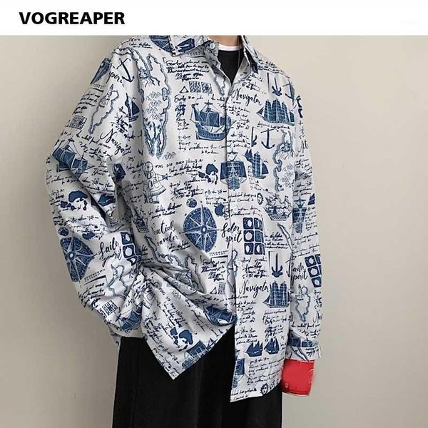 

men's casual shirts spring autumn fashion streetwear men long sleeve loose nautical elements printed button shirt1, White;black
