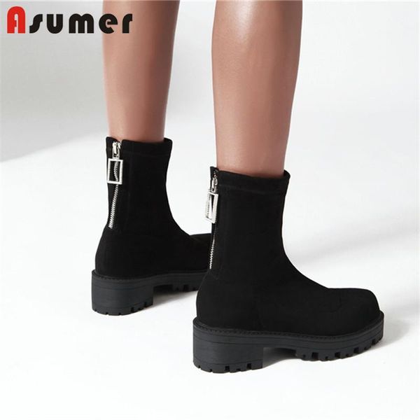 

asumer 2020 plus size 43 ankle boots women flock round toe zipper square heels platform boots comfortable casual shoes woman, Black