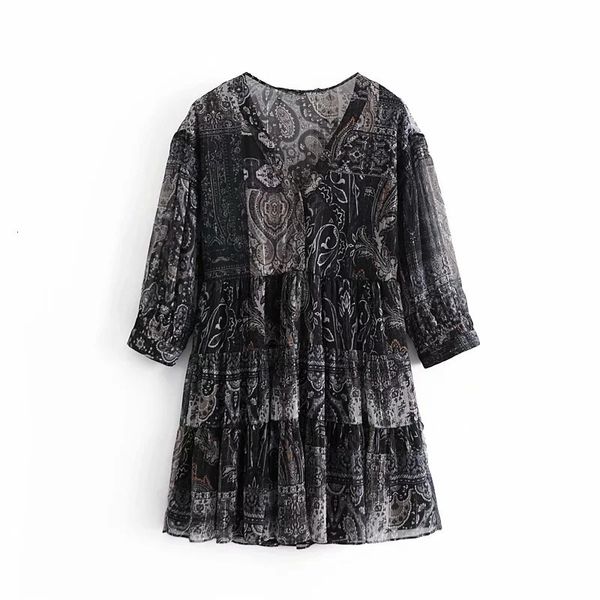 

new vintage black print mini woman 2021 fashion ruffle v neck chiffon short dresses women spring chic casual dress vnry, Black;gray