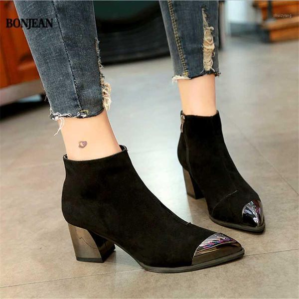 

autumn/winter 2020 casual pointed and ankle boots matte suede short tube pointed boots for women1, Black