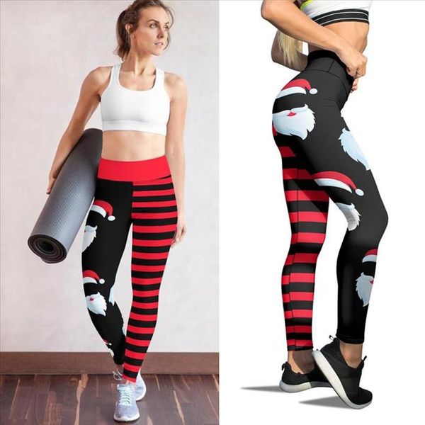 

женщины рождественские леггинсы брюки санта-клаус тощие брюки высокая талия ретчатые полосатые тонкие леггинсы рождественские брюки женщины, Black