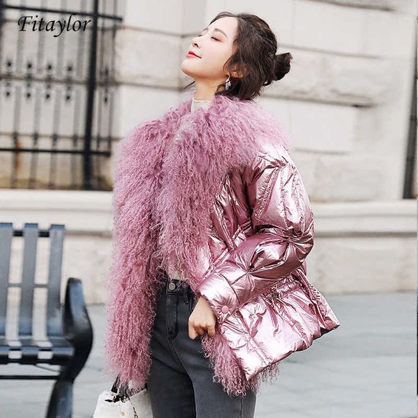

fitaylor women's winter silver white duck down jacket glossy 2021 big real fur collar pink blue warm parkas female short coats, Black