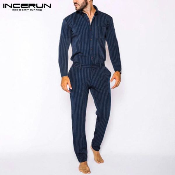 

incerun men stripes jumpsuits cool long sleeve stand collar overalls fashion buttons rompers mens cargo pockets bib pants s-5xl1, Black